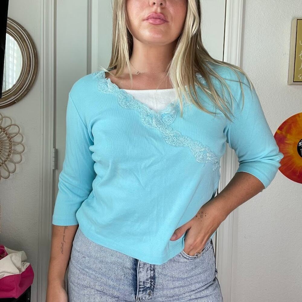 Vintage Y2K 2000s Carolyn Taylor Light Blue Lace Trim Layered Baby T Sz S
